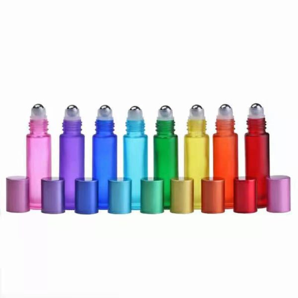 8pcs 10ml Mini Frosted Glass Colorful Roller Essential Oil Perfume Bottles Travel Refillable Empty Roller Ball Bottles